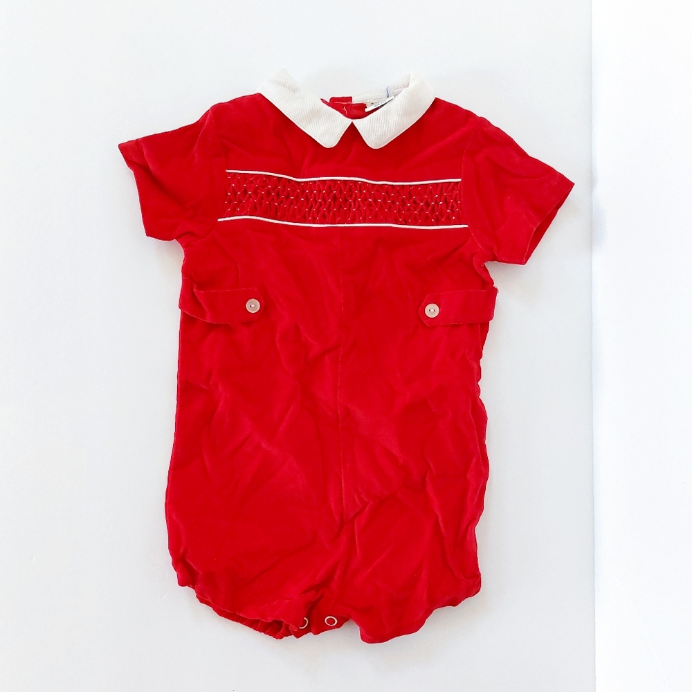 Red‎ Velvety Smocked Romper with White Peter Pan Collar size 24m Christmas